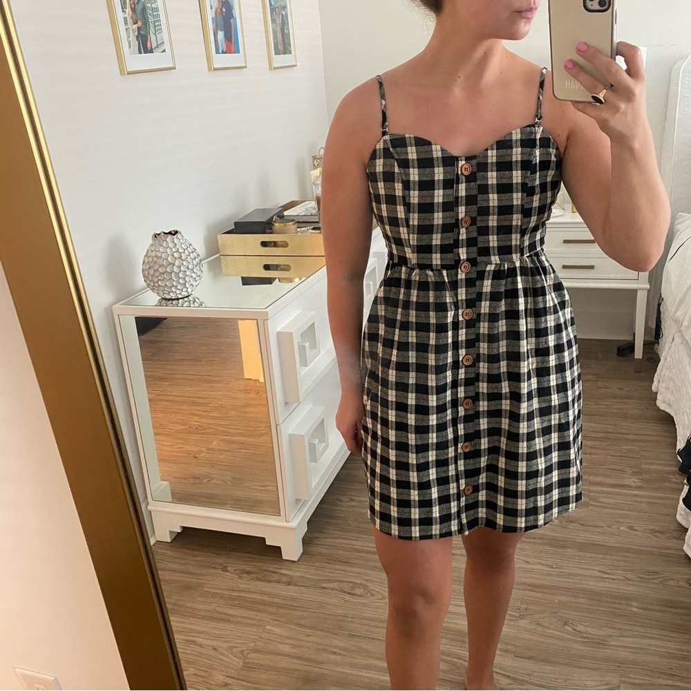 Plaid button front dress with tie back